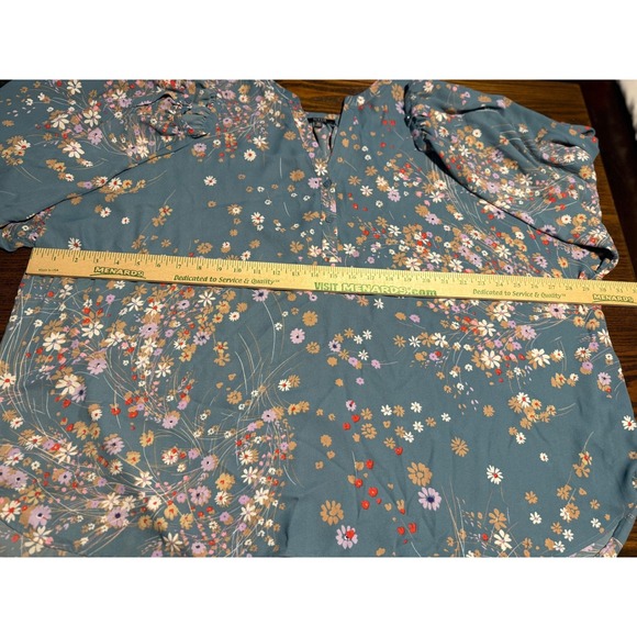 NYDJ Womens Plus Size 3X Teal Floral V-Neck 3/4 Sleeve Tunic Blouse‎ cottagecore - Picture 6 of 16